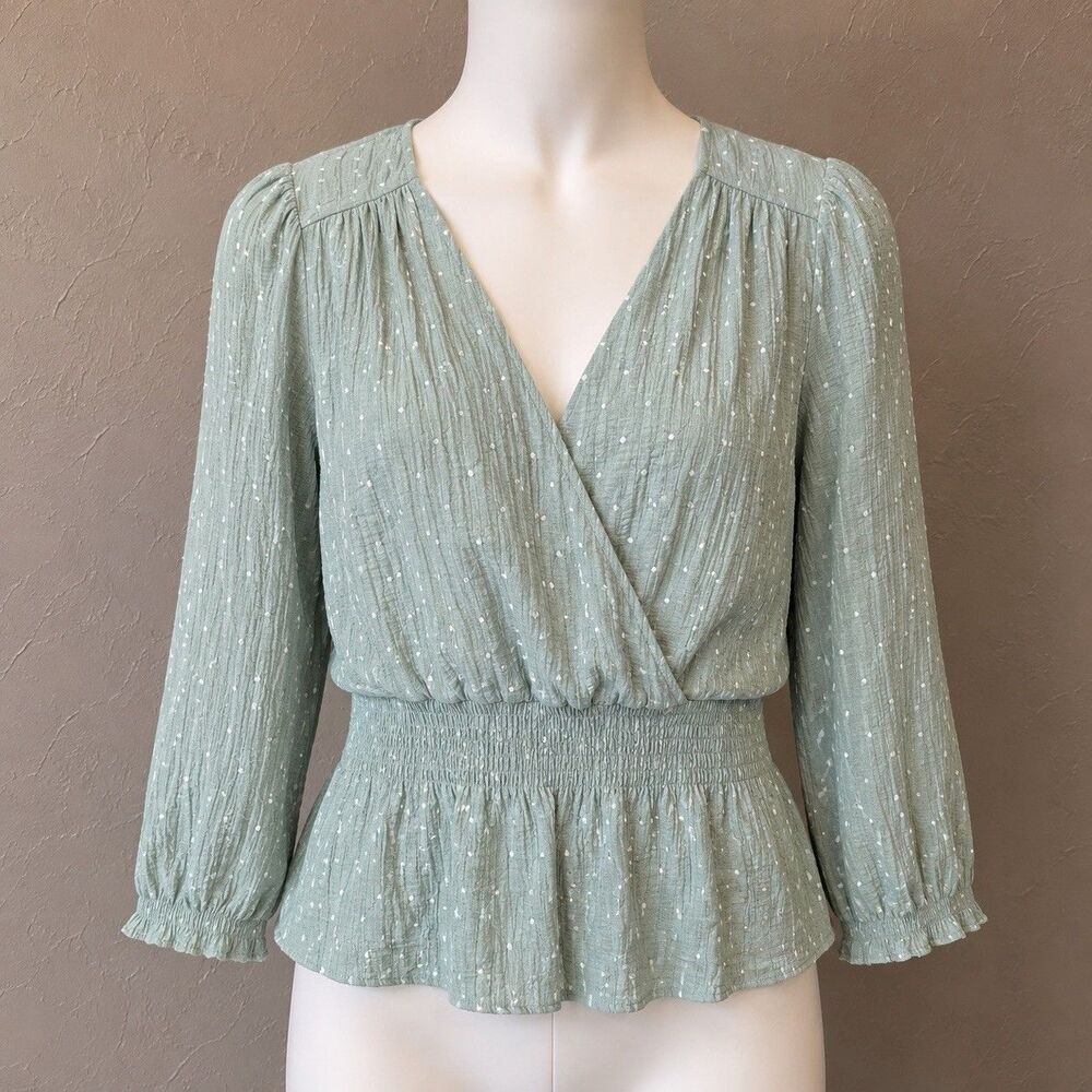 E & M Green Swiss Dot Peplum Blouse Long Sleeve Boho Womens Top L